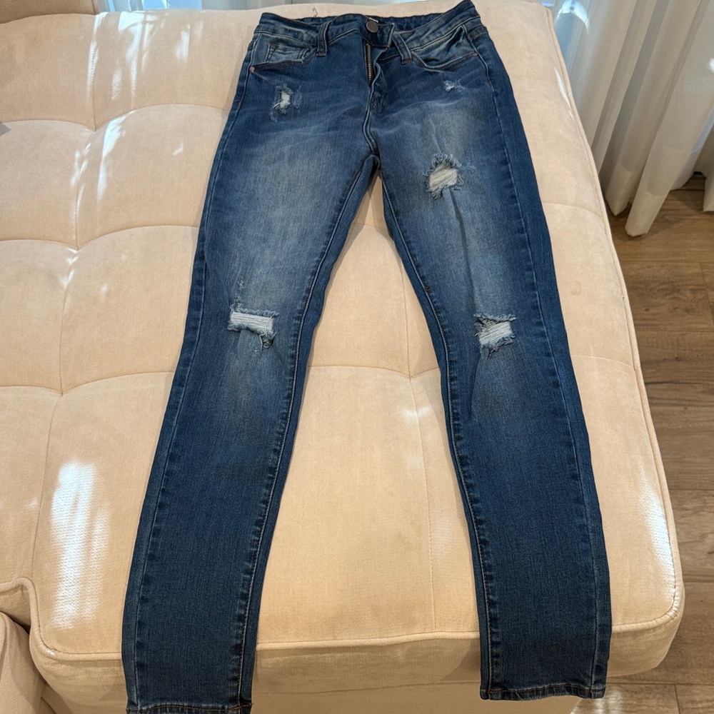 Fashion Nova Dark Blue Distressed Skinny Jeans